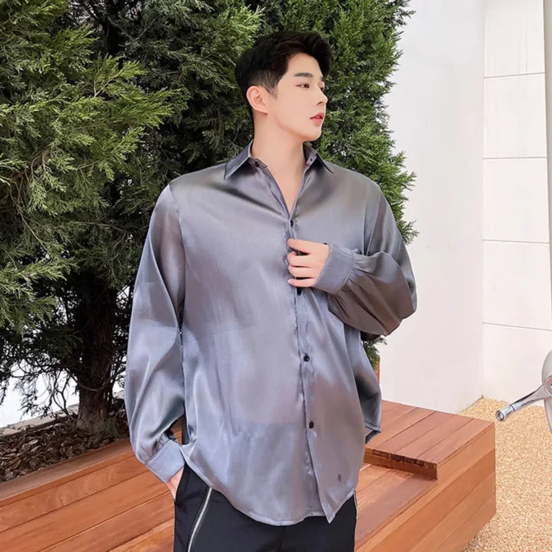WVGA Summer New Men Tide High Street Sheer Silky Sunproof Long Sleeved Shirts Niche Chic Casual Turn-Down Collar Tops Ins W19519