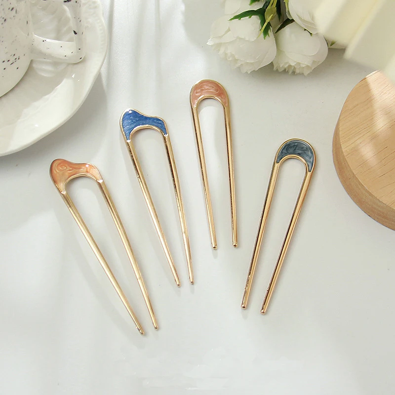 Fashion Hair Accessories Metal U Shape Hair Stick For Women Silver Gold Color Elegant Shell Enamel Hairpin Female Headwear Gifts