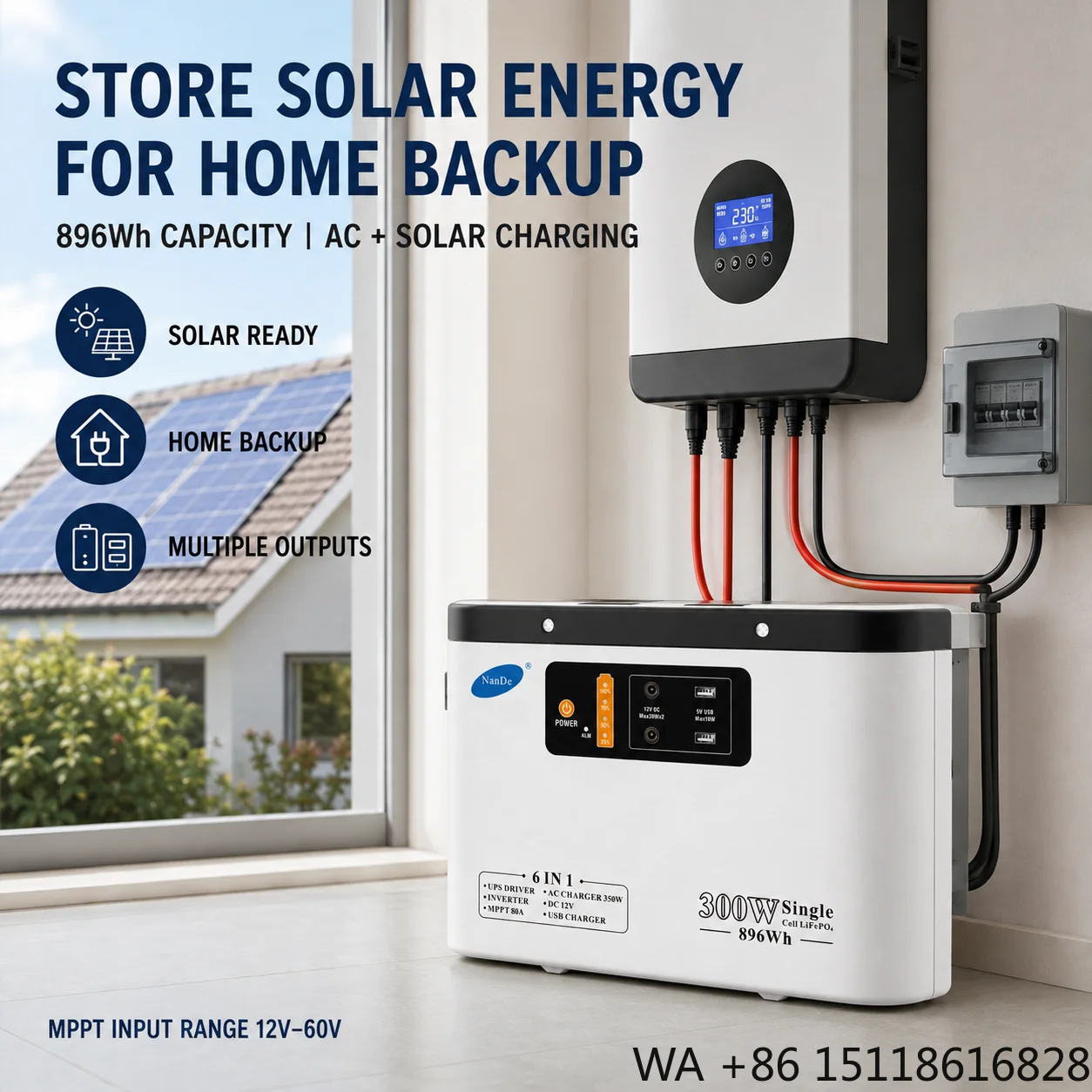 6 1 Portable LiFePO4 Hybrid Grid Power Station 300W AC Output 896Wh 80A MPPT Solar 200W PV Input 12-60V 350W AC UPS Backup IP66