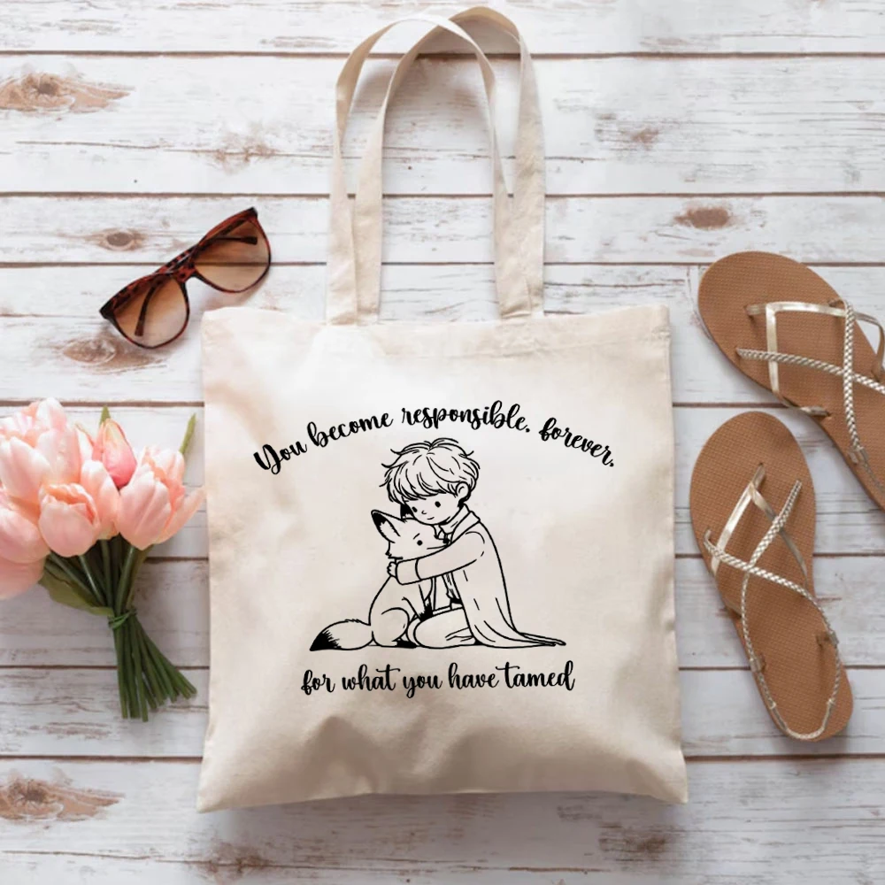 Bolsas reutilizáveis de grande capacidade para mulheres, sacola de lona, sacola de mercearia, desenhos estampados do Pequeno Príncipe e Fox, práticos, adoráveis