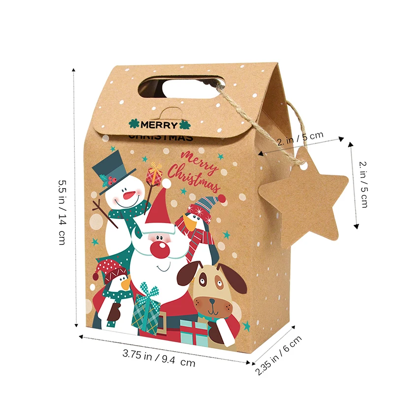 6/12/24Pcs Christmas Candy Gift Box With Tag Kraft Paper Cookie Snack Packing Bags 2024 Xmas Party Home Decoration New Year 2025