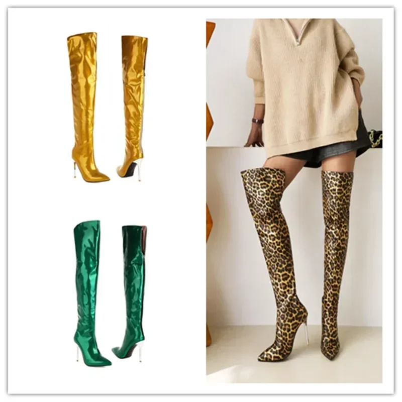 European And American Shiny Leather Pointed High-heeled Knee High Boots, Women's Sexy Gold Size 47 Runway Big Boots