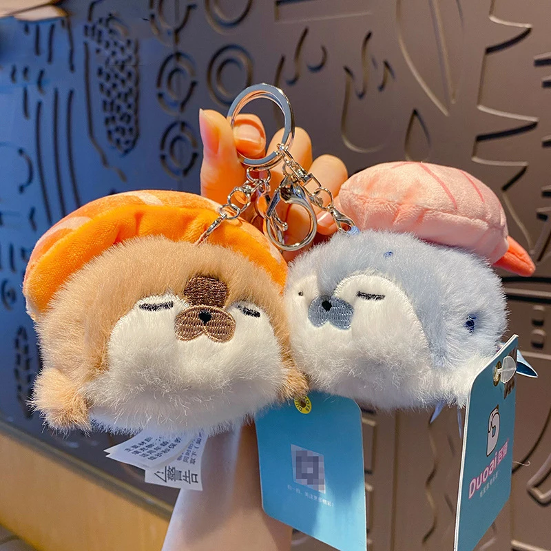 Cartoon Funny Sweet Shrimp Sushi Keychains Cute Kawaii Sea Otter Keyring Couple Friends Car Bag Key Chains Decoration