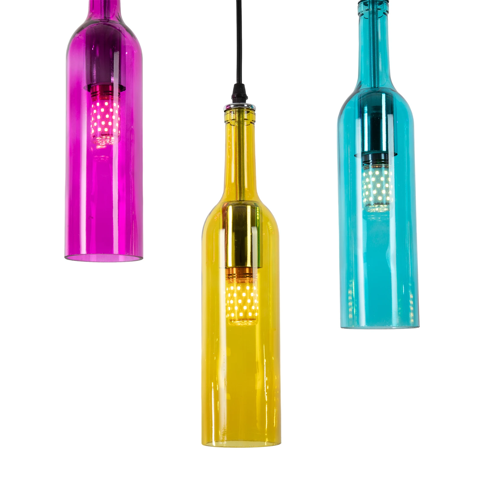 Lampe LED suspendue en forme de bouteille de vin colorée, design industriel créatif, luminaire décoratif d'intérieur, idéal pour un salon ou une salle à manger