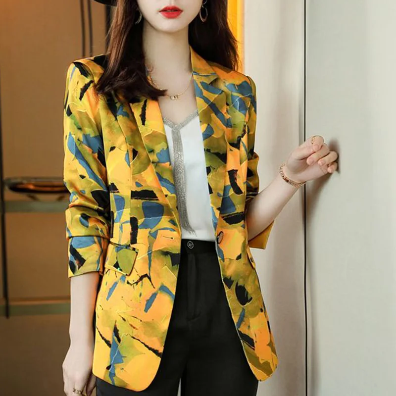 Elegant Lapel Button Spliced Pockets Printed Blazer Women\'s Clothing 2023 Autumn New Casual Tops All-match Office Lady Blazers