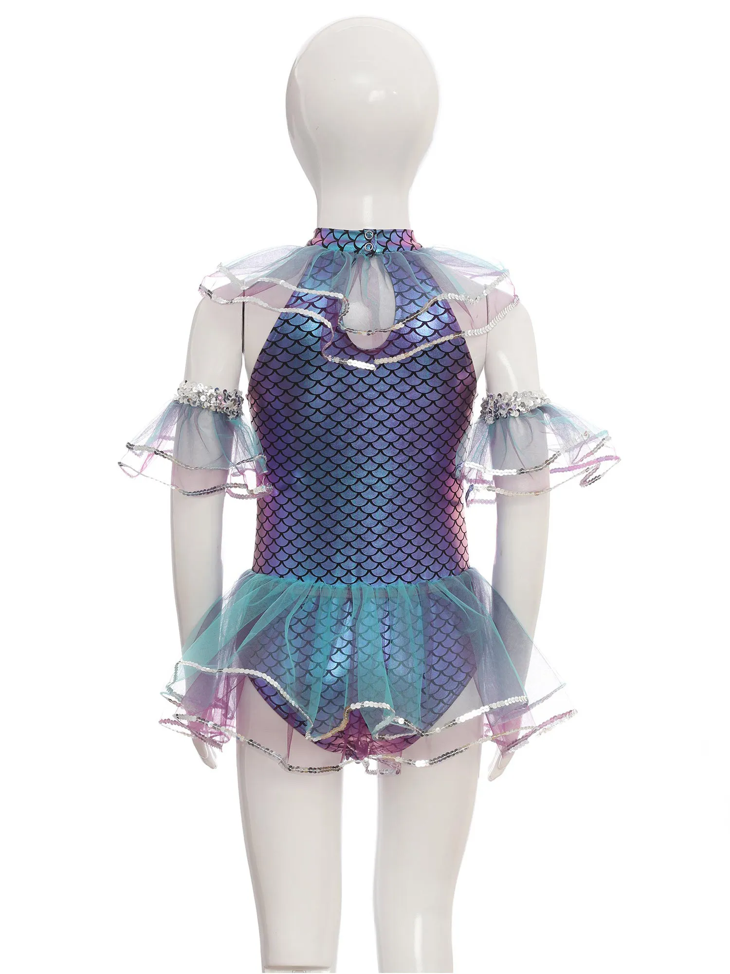 Kinderen meisjes glanzende visschubben print pailletten mesh tutu dans bodysuit met armmouwen Halloween zeemeermin prinses cosplay kostuum