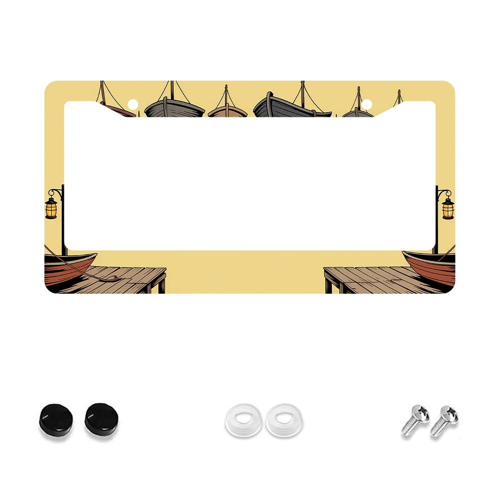 

1 шт., желтая рамка номерного знака с 2 отверстиями в стиле ретро и рисунком лодки, алюминиевый материал, 6x12 дюймов, включает набор винтов, винтажный автомобиль