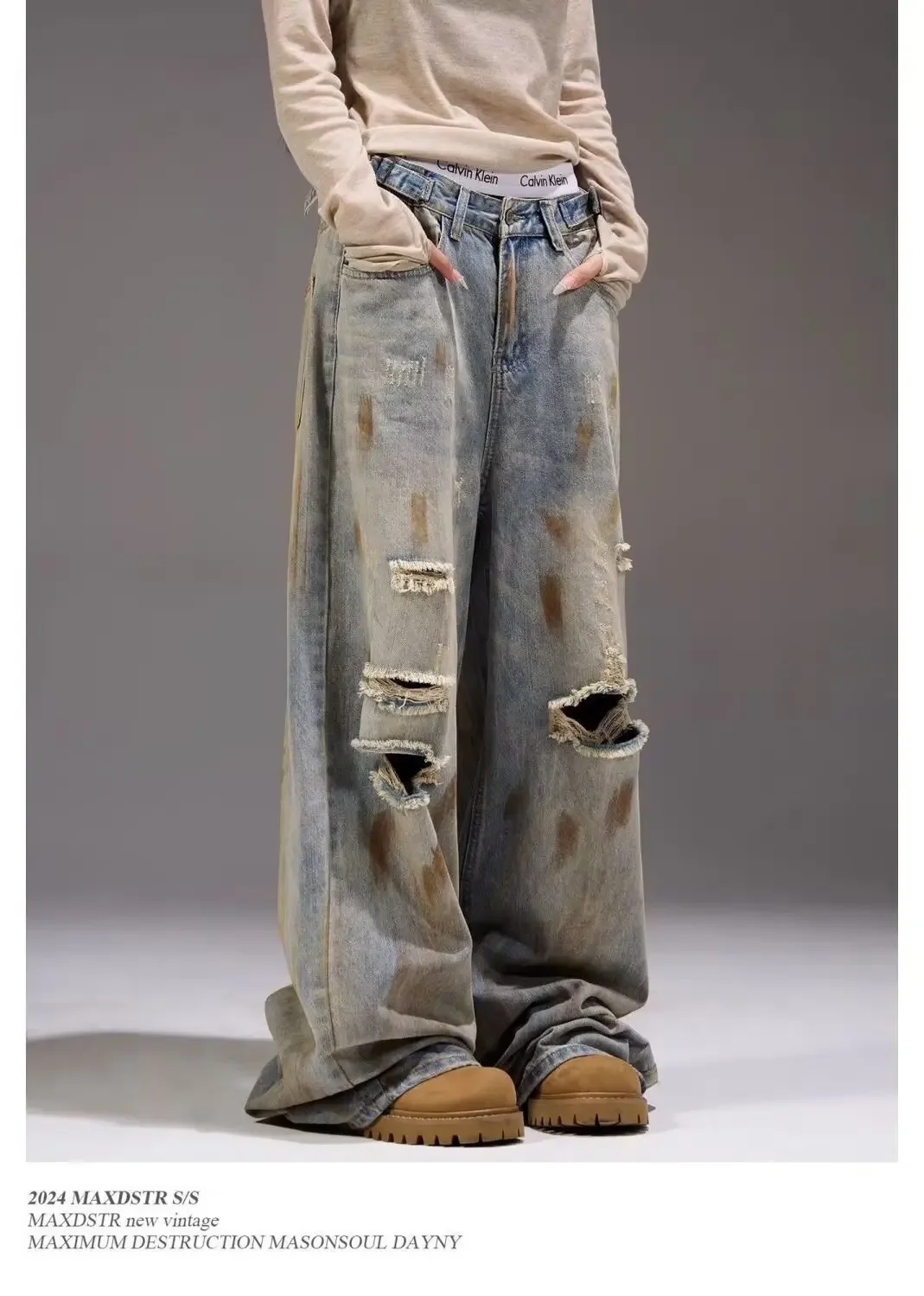 IMU American High Street Straight Leg Women's Jeans Distressed Tie-Dye Trendy Hip Hop Style Washed out Loose Hole Pants Female