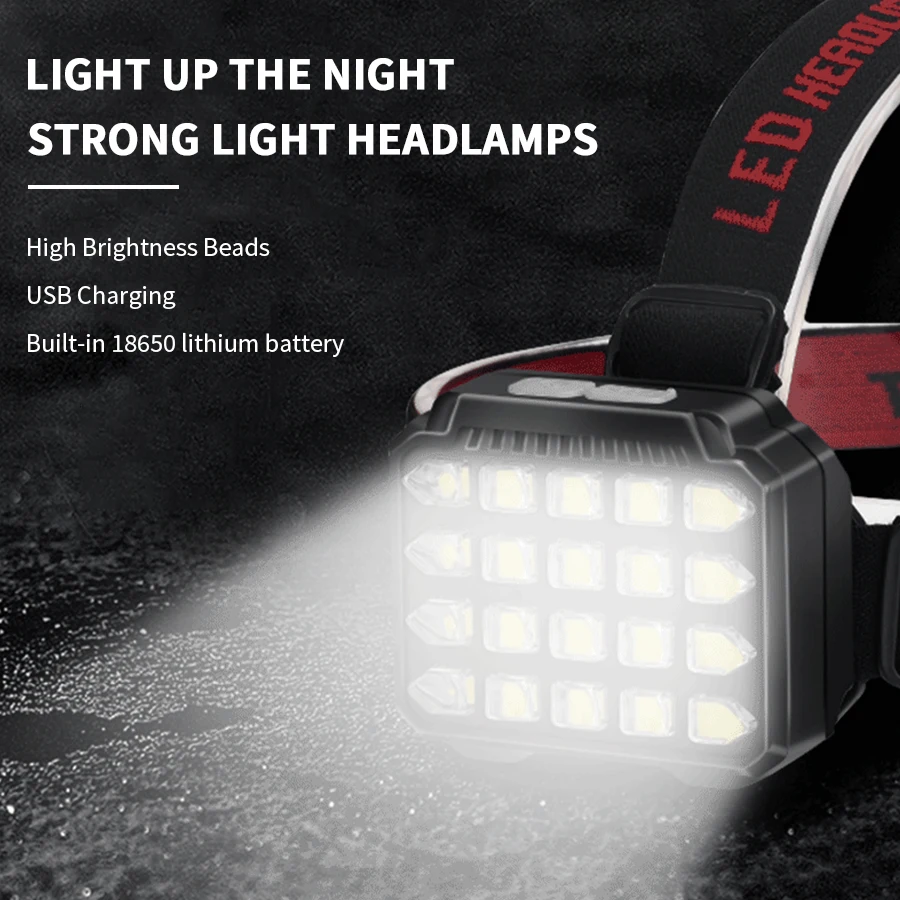 2000 Lumen Bright Headlamp Usb Rechargeable 20 Led Head Lamp 5 Modes Head Light With Red Light Waterproof Flashlight Headlight