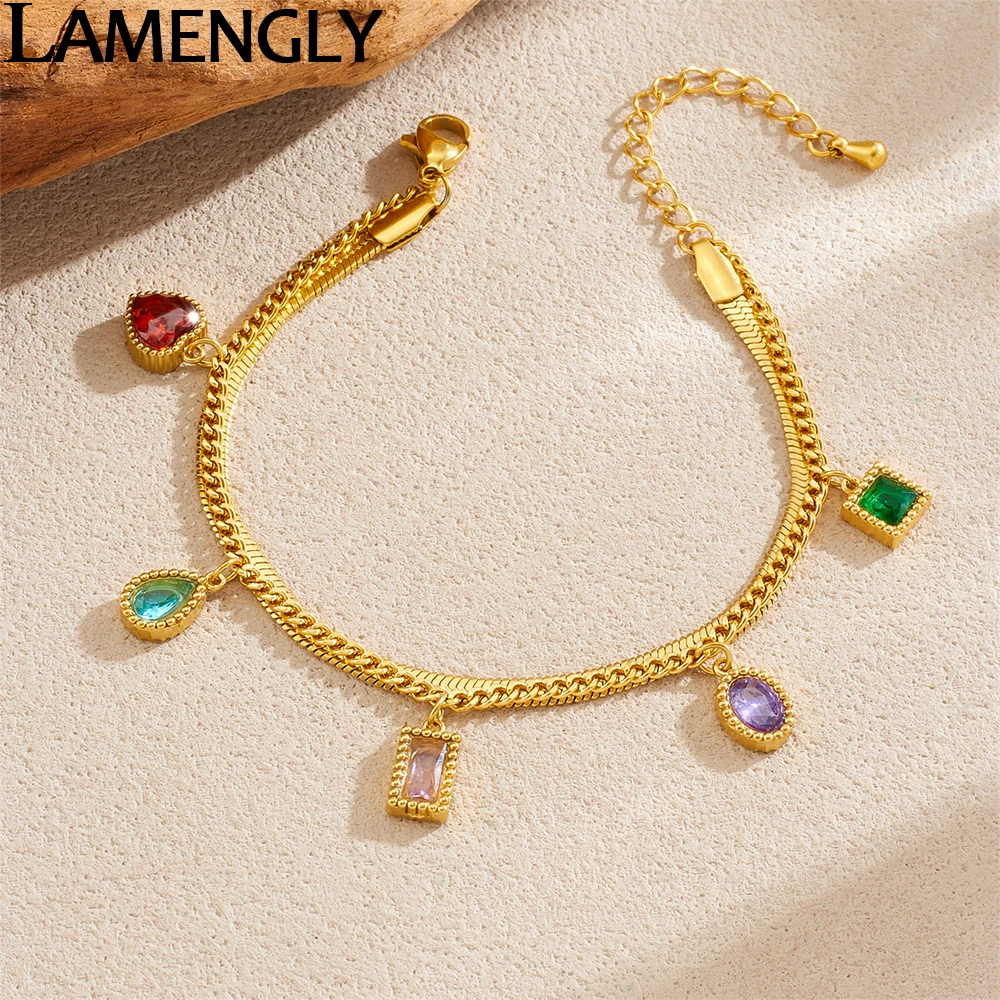 

LAMENGLY 316L Stainless Steel Colorful Zircon Inlay Water-Drop Heart Square 2-Layer Charm Bracelet Women Novel Chic Wrist Chain
