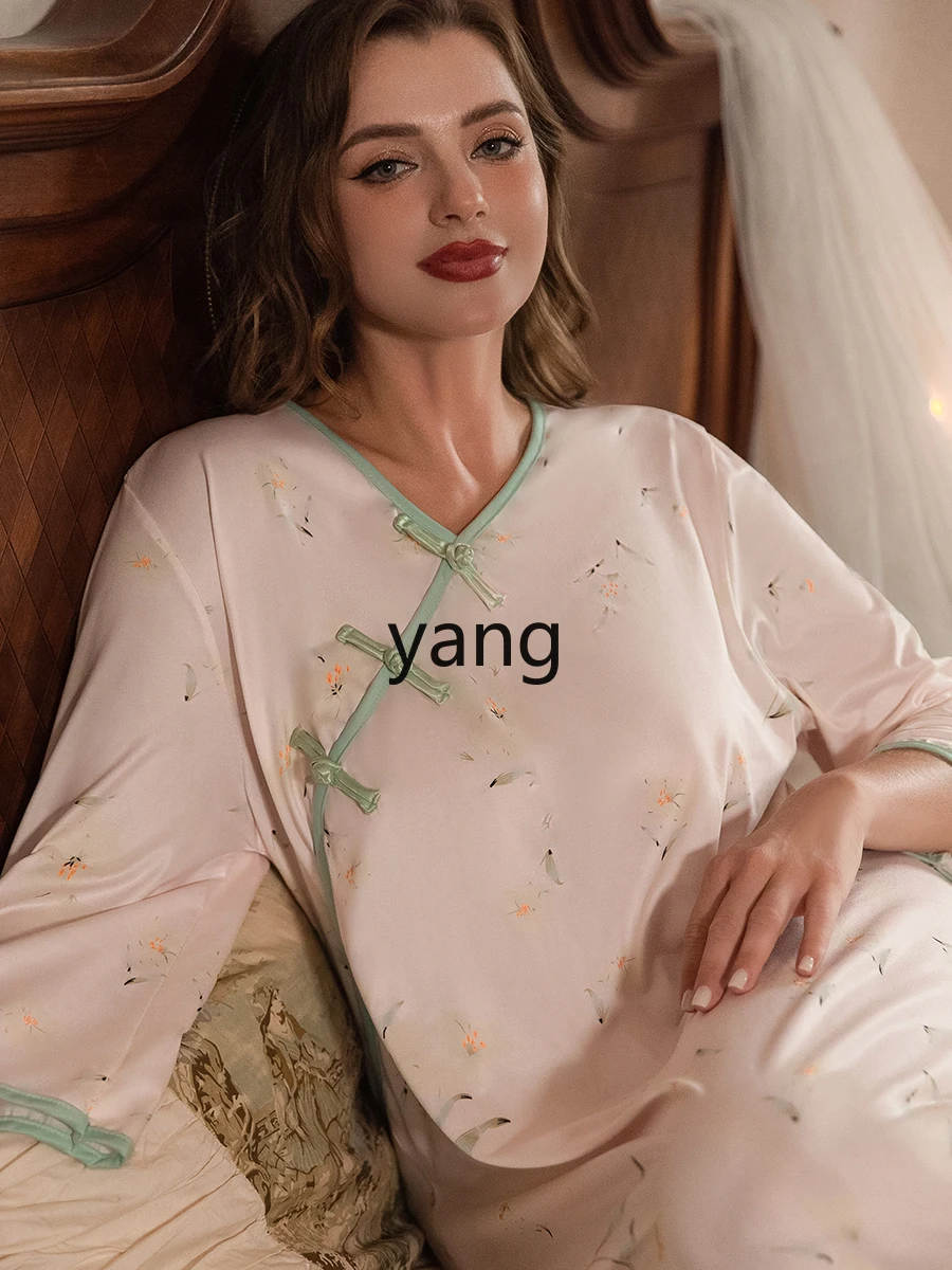 LMM large size pajamas women's spring and summer button-down printed loungewear can be worn outside fat mm loose nightgown