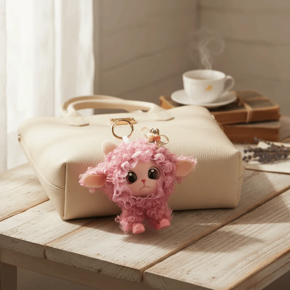 Soft Hanging Ornament Smooth Vinyl Fluffy Fabric Cartoon Sheep Bag Charm Durable Vinyl Metal Key Ring Lamb Keychain view 4