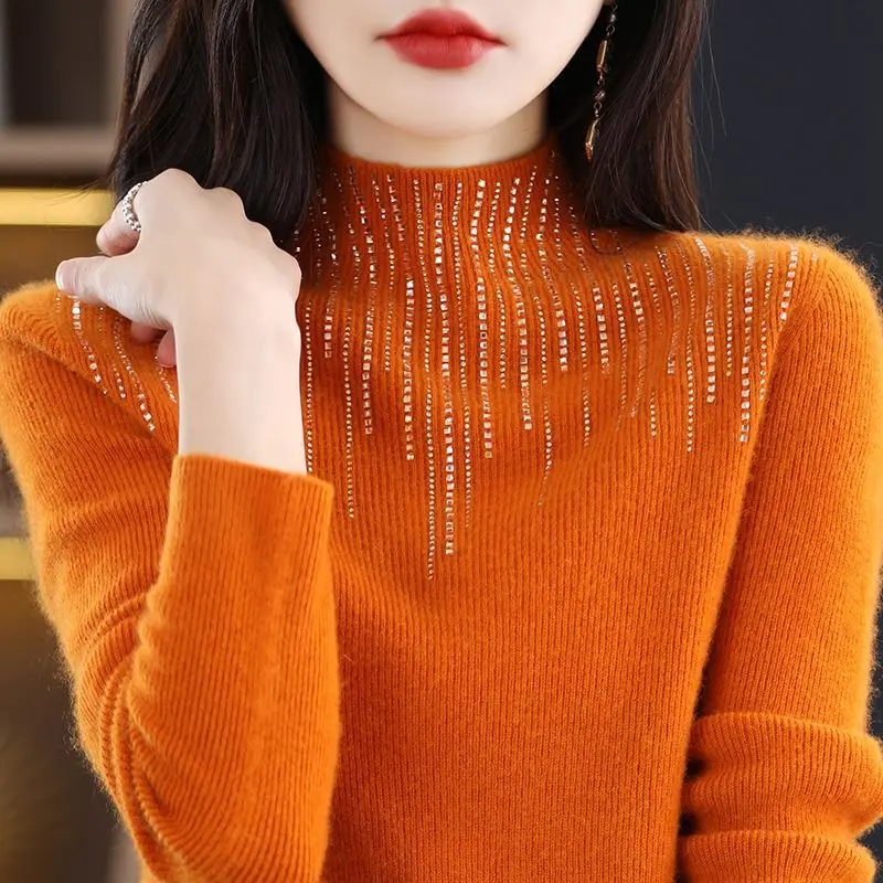 

2023 Autumn Winter New Pure Woolen Sweater Female Half Turtleneck Hot Drill Cover Senior Cover Loose Solid Color Sweater Top