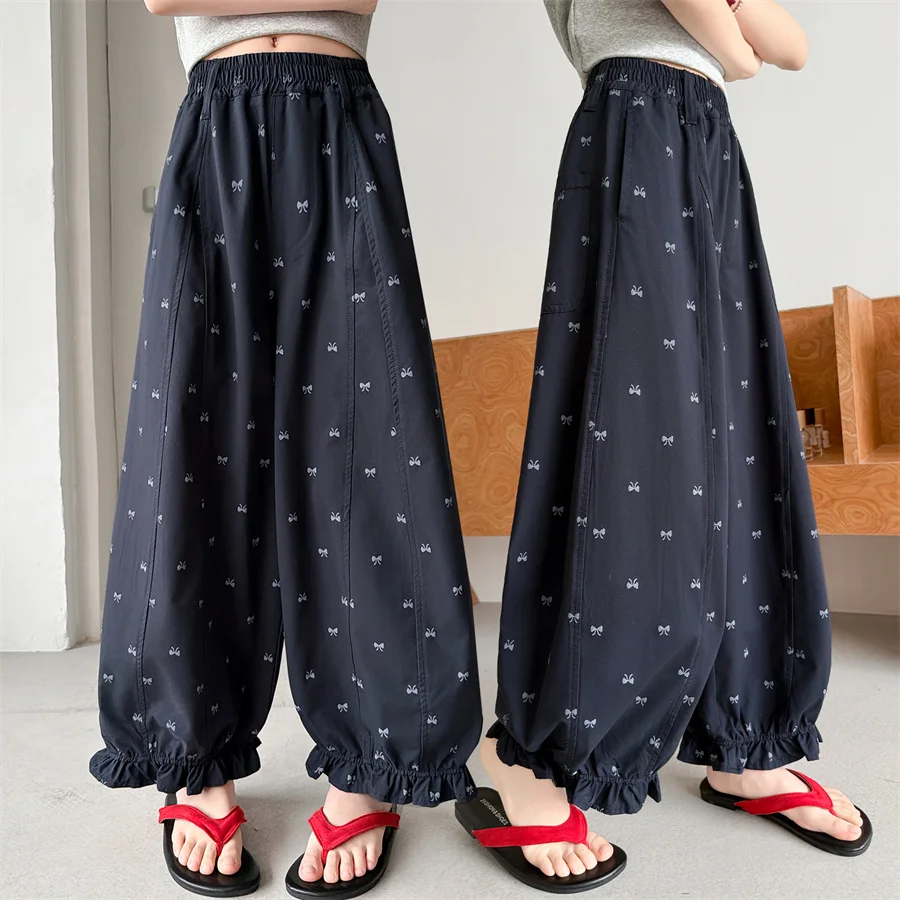 

Elegant Kids Children Casual Spring Summer Ruffle Pants with Bow for Tween Girls Navy Color Bowknot Trousers Age 5 6 8 10 12 14Y