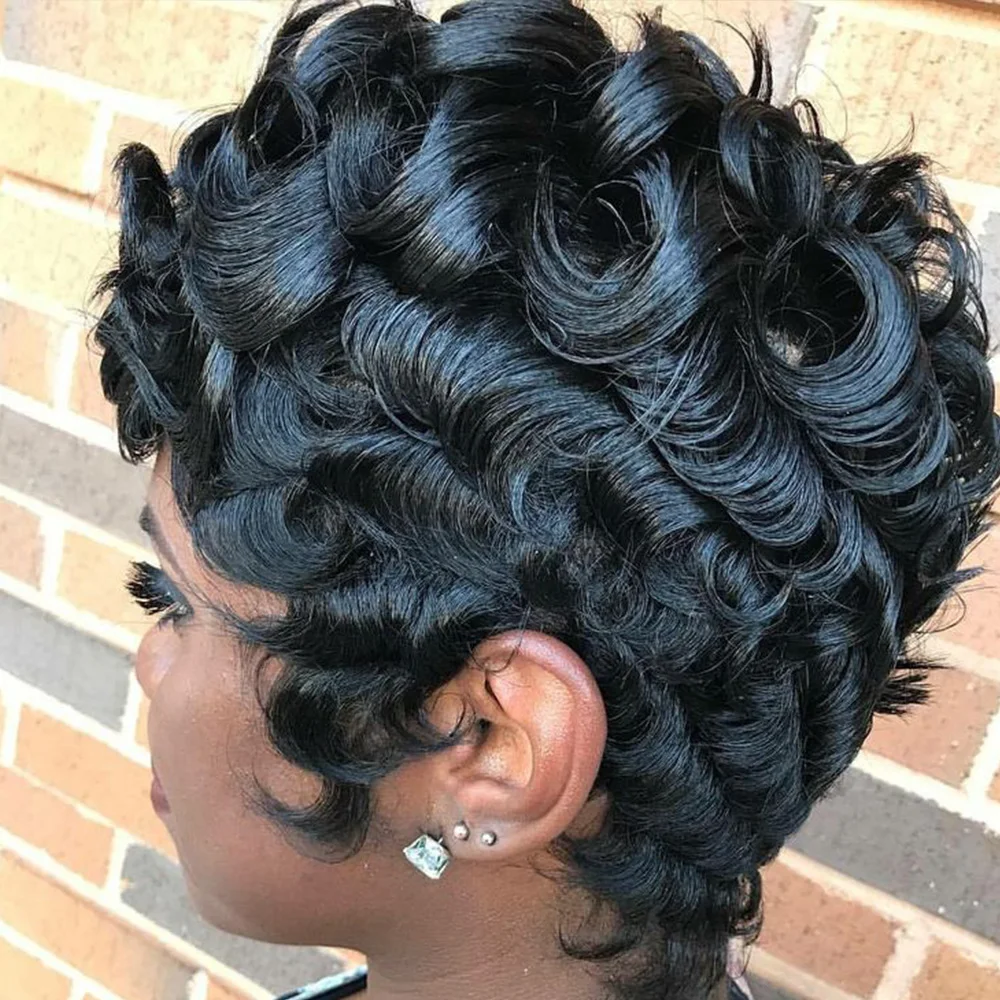 باروكة شعر بشري قصيرة بقص عابث للنساء، باروكات بيكسي مجعدة سوداء قصيرة مصنوعة آليًا بالكامل، باروكات شعر بشري قصيرة مع غرة