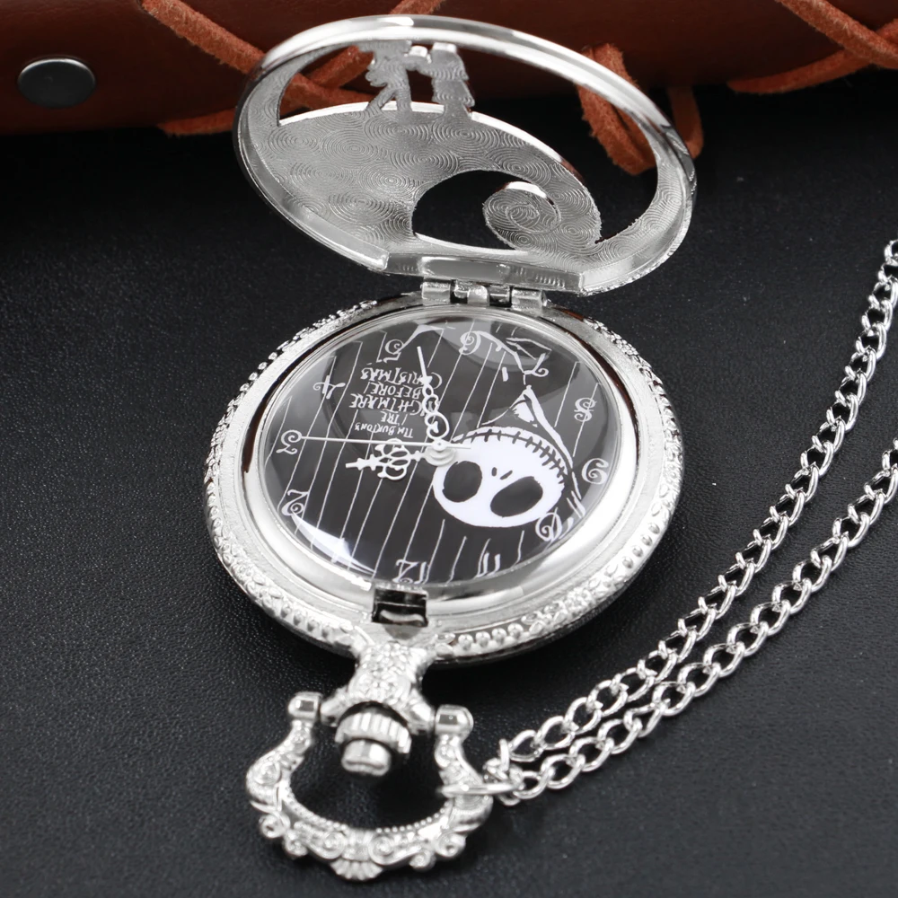 Silver Halloween Theme Quartz Pocket Watch Steam Punk Necklace Clock Metal Stainless Steel Watch Pendant with Short Chain Gift