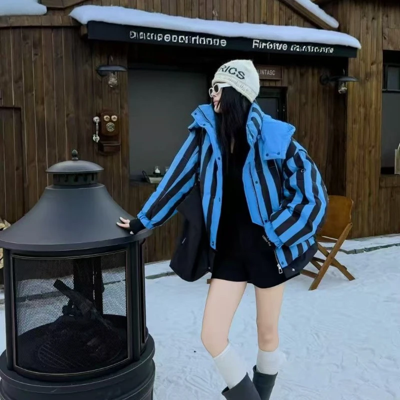 ストライプショートダウンジャケットレディースフード付きメイラードブレッドジャケット韓国人気服レディースコート