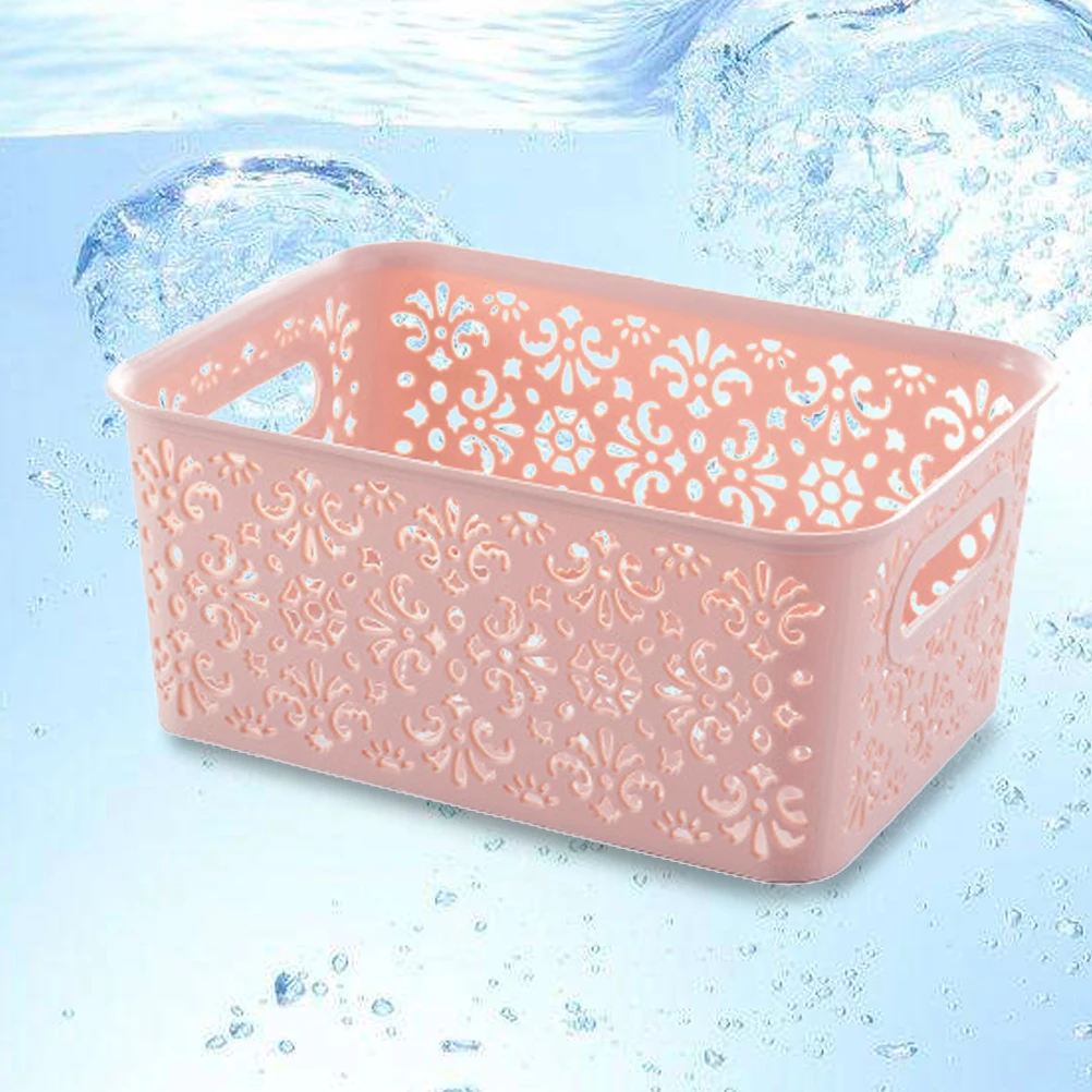 

Stackable Plastic Storage Box Hollow Out Retro Pattern Pp Organizer Basket For Clothes Cosmetics Papers Small Pink