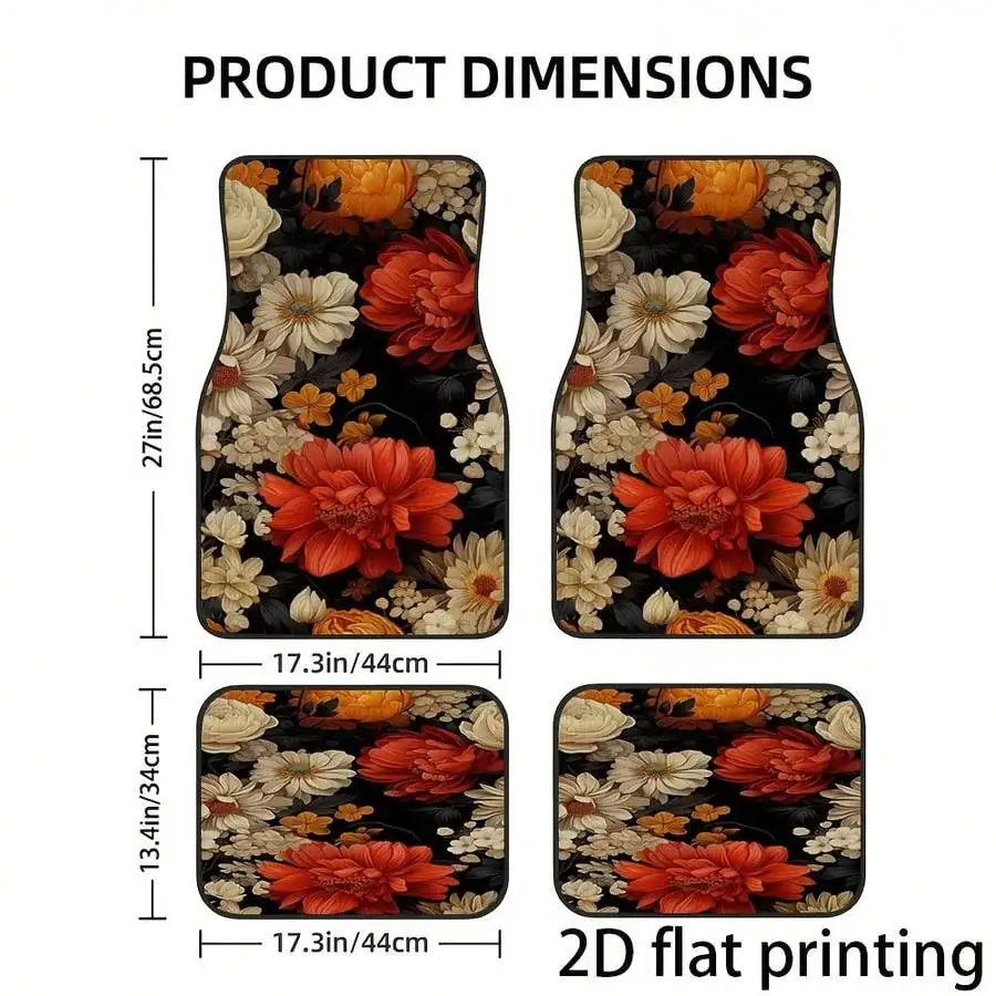 

4pcs Universal Car Floor Mats Floral Pattern Wear Resistant Washable Interior Accessories