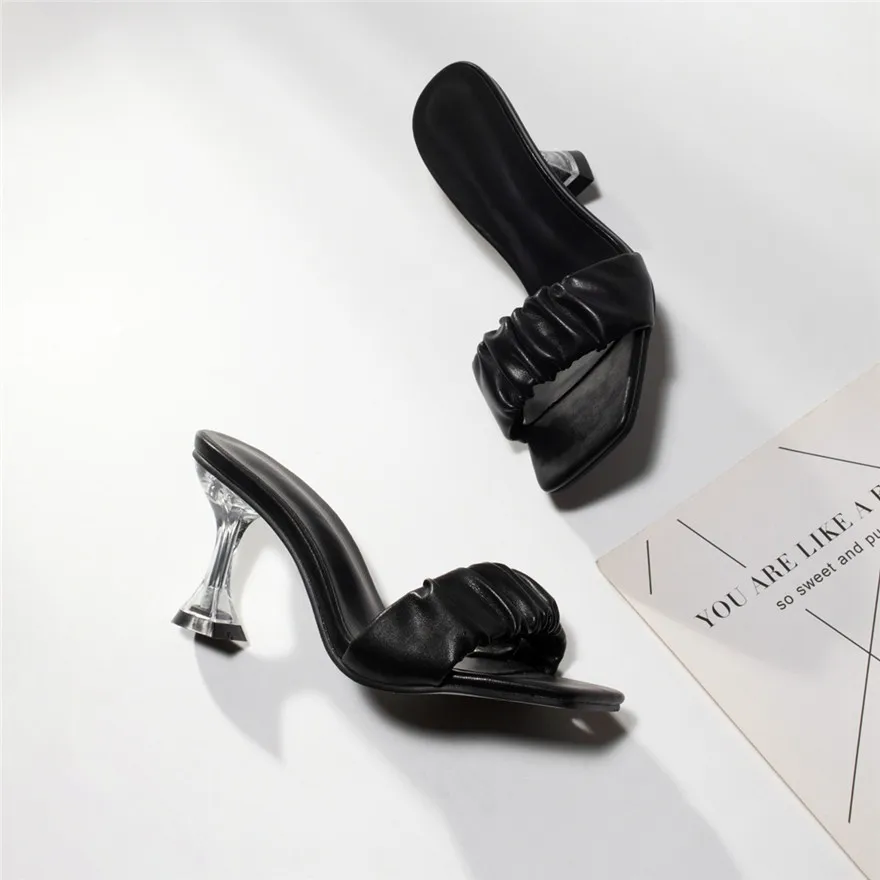 New Women Sexy Wrinkle Leather Slippers Square Toe Clear Crystal Cup High Heels Shoes Slides Ladies Party Summer Slip-On Sandals