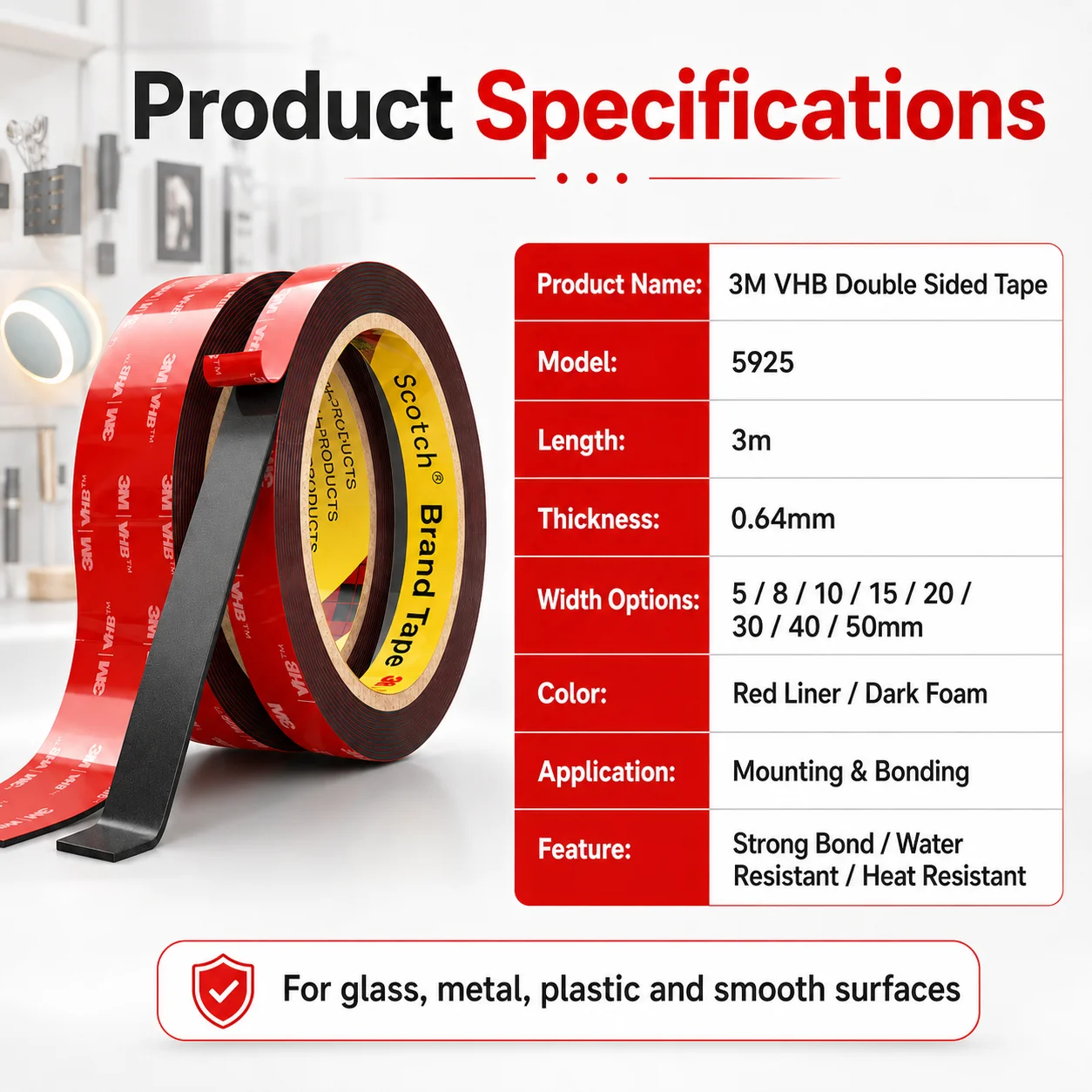 3M VHB 5925 Double Sided Acrylic Foam Tape Strong Bond Water Resistant Heat Resistant For Car Trim Home Mounting DIY 3m 0.64mm