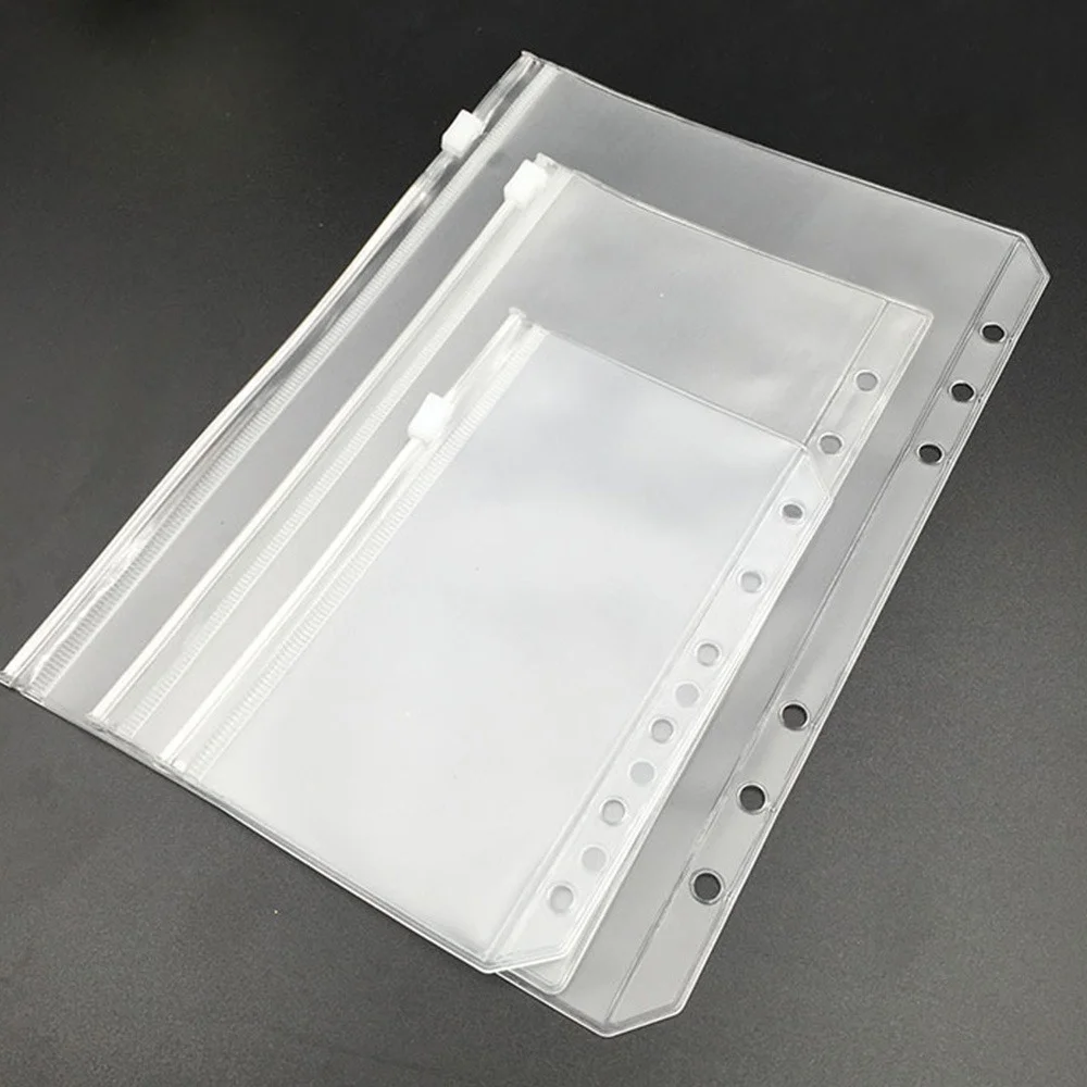 Convenient Clear PVC A5 A6 A7 Binder Pockets Clear Zipper Folders For 6-Ring Notebook Binder Files Reports Binder