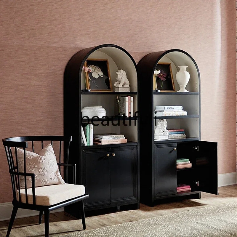 

DD45 American-style Light Luxury Solid Wood Bookcase Living Room Black Floor-standing Bookshelf Vintage Arched Decorative Cabine