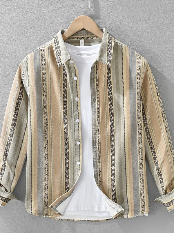 

Retro Sle Men's Long Sve irt Pure Cotton Vertical Stripes Loose Fit Faion Urban Sle Spring Season Casual Wear