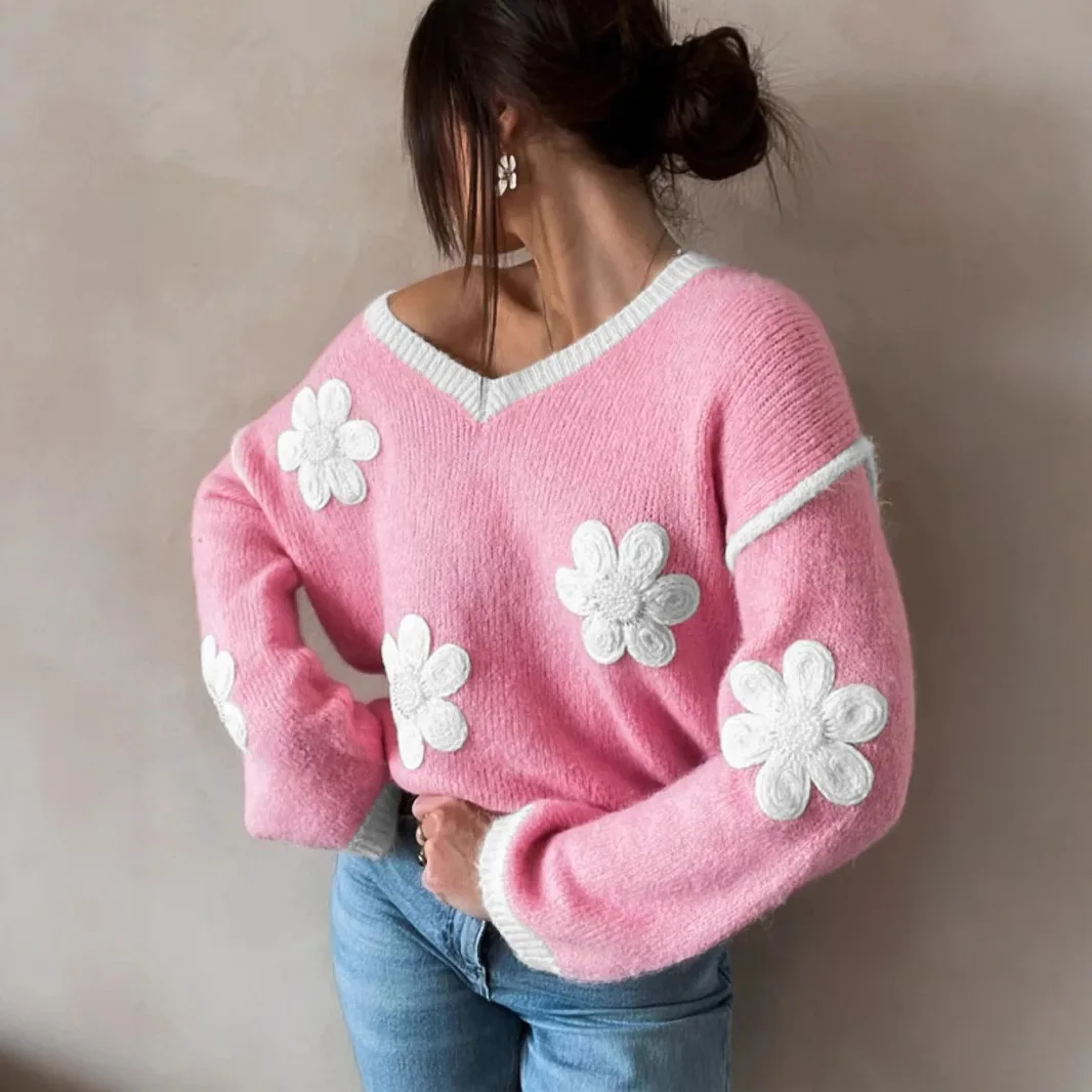 

Hot Style 2025 Hot Style New European and American Valentine's Day Clothing New Long Sleeve V-Neck Embroidered Pink Sweater