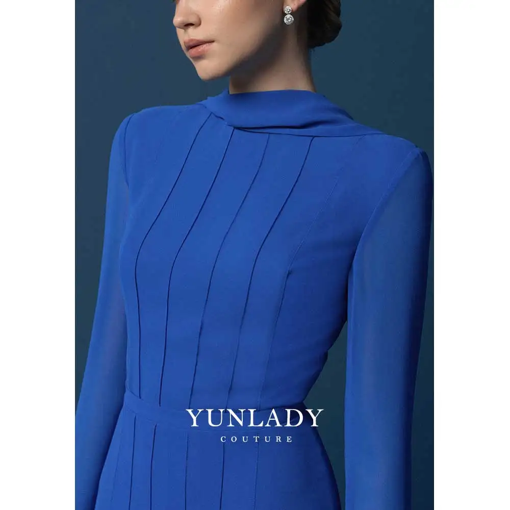 YUNLAN Elegant Blue Ladies Long Sleeve Chiffon Evening Dress Mom 2024 Saudi Wedding Guest Long Sleeve Midi A-Line Party Dress