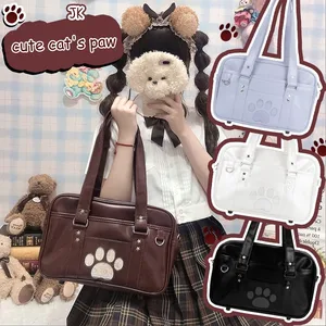 Японские студенческие школьные сумки для девочек, милые кошки, принт лапы, ПУ, на плечо, однотонный портфель, опрятный JK, женские подростковые милые сумки в стиле Лолиты