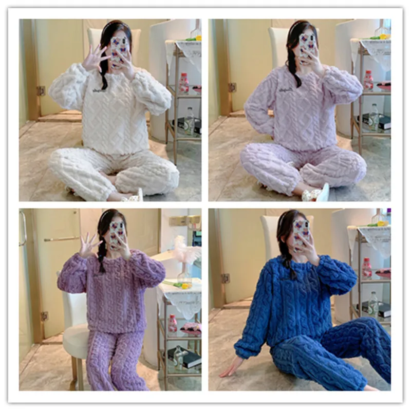 Winter pajamas women's flannel cute solid color jacquard large size round neck thickened coral fleece home clothes 2-piece set