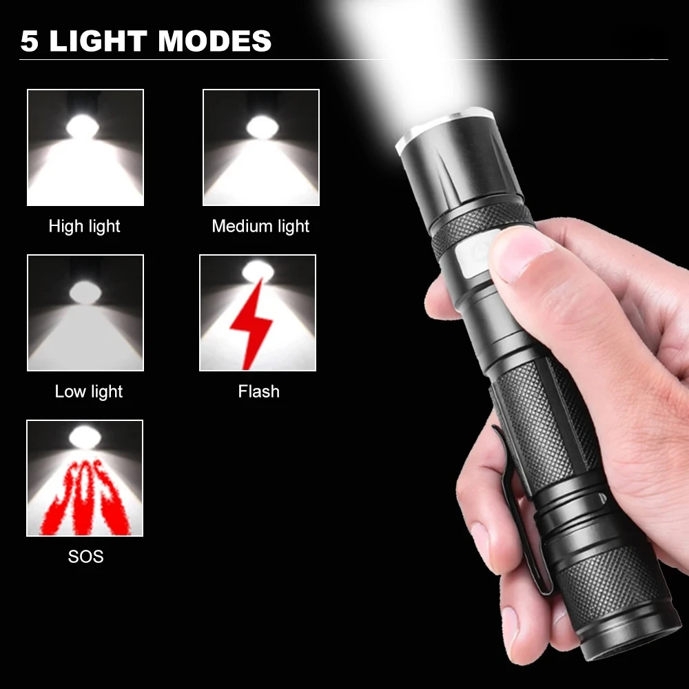 Tragbare LED-Taschenlampe, Teleskop-Zoom, Mini-Taschenlampe, wiederaufladbar, superhelle Handlichter, wasserdichte Angellaterne für den Außenbereich – Detail 8