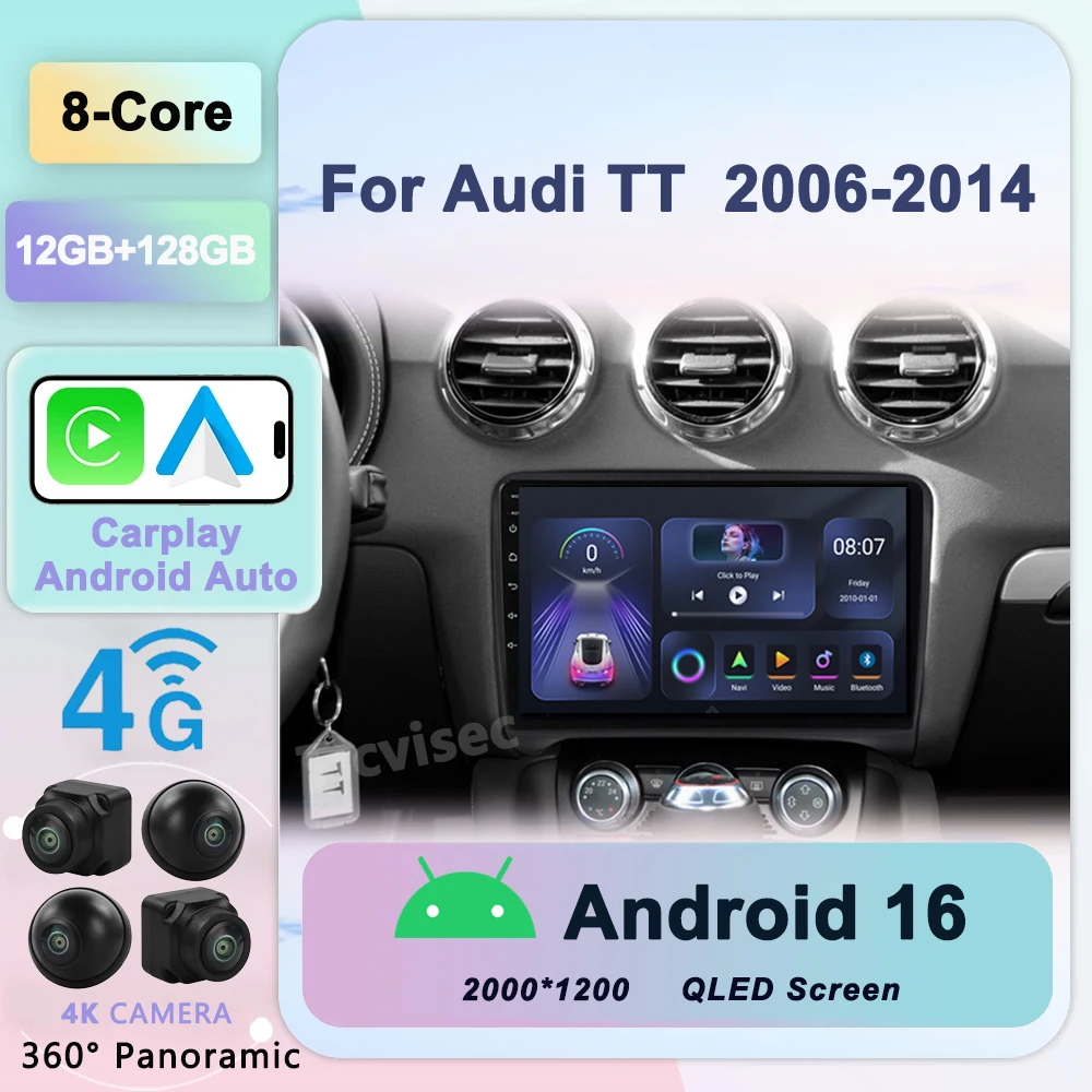 

Carplay+Auto 8G 128G Android 16 Radio GPS For Audi TT MK2 8J 2006-2014 Car Multimedia Player WIFI Autoradio 4G LTE 2 Din