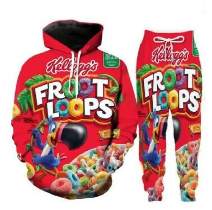 Chándal con estampado 3D de Froot Loops para hombre y mujer, de cuello redondo Sudadera con capucha, pantalones y sudaderas con capucha, TZ08