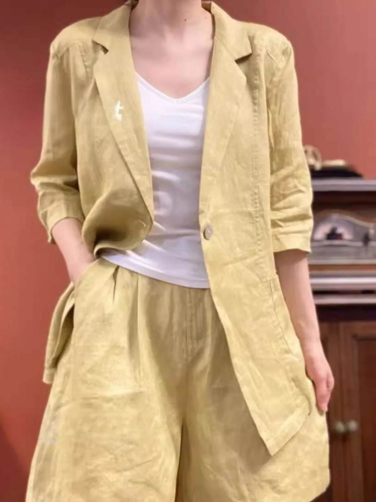 

Salt Series Faionable Cotton Linen Casual Wide Leg ort Pants Two Piece Set Thin Svel Women's High End Linen Suit