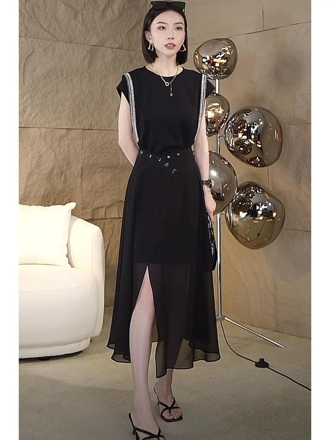 

Black Two-Piece Set Women's Summer Design Sensation Slimming Waist Concealing Meat Dress Long Skirt Polyester Fiber T-Shirt