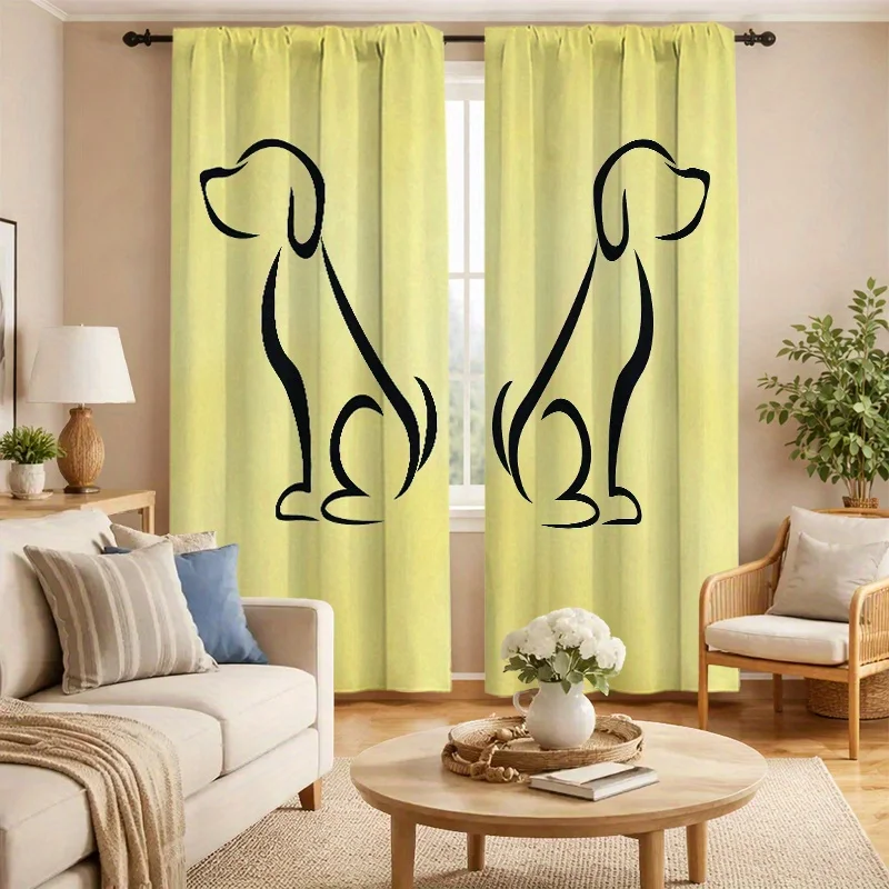 Yellow Dog Silhouette Curtains, Minimalist Pet Outline Window Drapes Simple Puppy Decor, Blackout Fabric for Living Room Bedroom