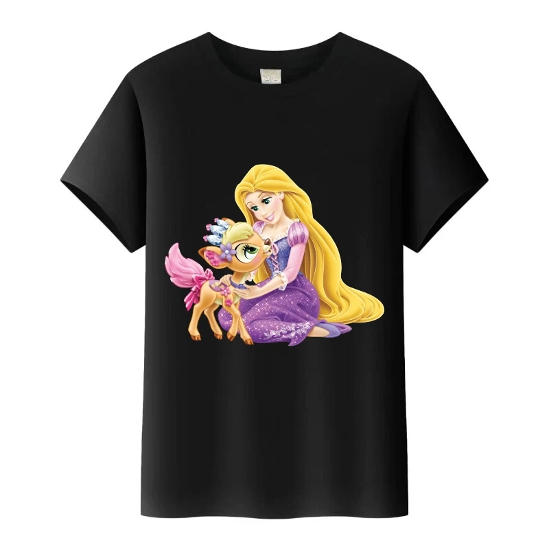 

Cute Disney Tangled Princess Children Black Tops Short Sleeves T-Shirt Woman Loose Tshirt Couple Tees Girls Blouses Family Gift