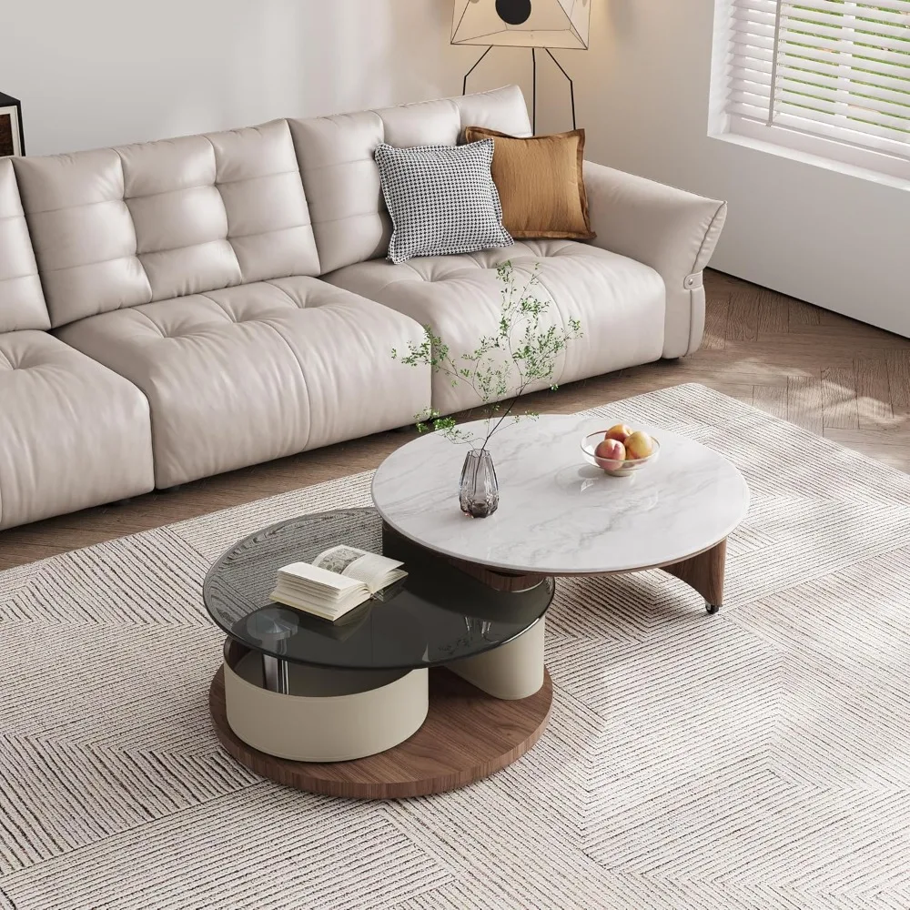 طاولة قهوة مستديرة حديثة، طاولة مركزية متعددة الاستخدامات 2 في 1 مع عجلات وتخزين، حجر متكلس وزجاج مقسى