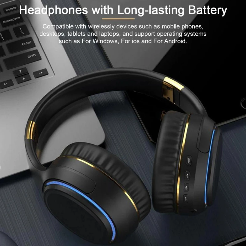 وظيفة تقليل الضوضاء ستيريو HI-FI محمولة، سماعة بلوتوث 5.3 لاسلكية مثبتة على الرأس مع عمر بطارية طويل وإضاءة RGB