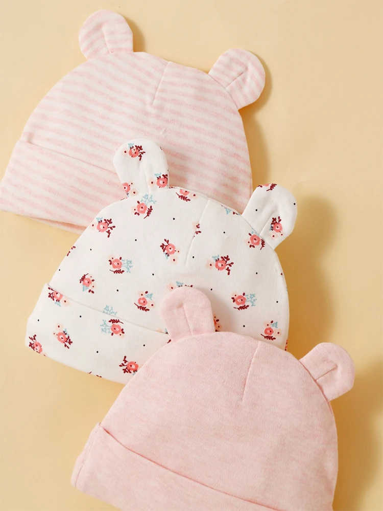 3Pcs/Lot Bear Ear Children\'s Fetal Hat 0-6 Months Baby Hat Spring and Autumn Cotton Child Accessories