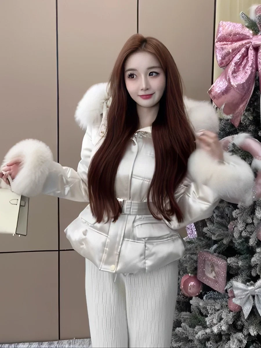 

Warmth Luxury Hooded Jaet Faux Fur Collar Splicing Waist in Korean Sle down Cotton Coat for Women Commute Slim Fit Long S...