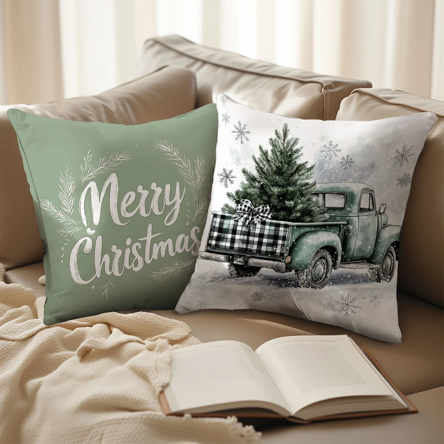 Christmas Pillow Set, Design Elements of A Vintage Green Truck with Pine, Snowflake or Evergreen Branches,Zip Closure