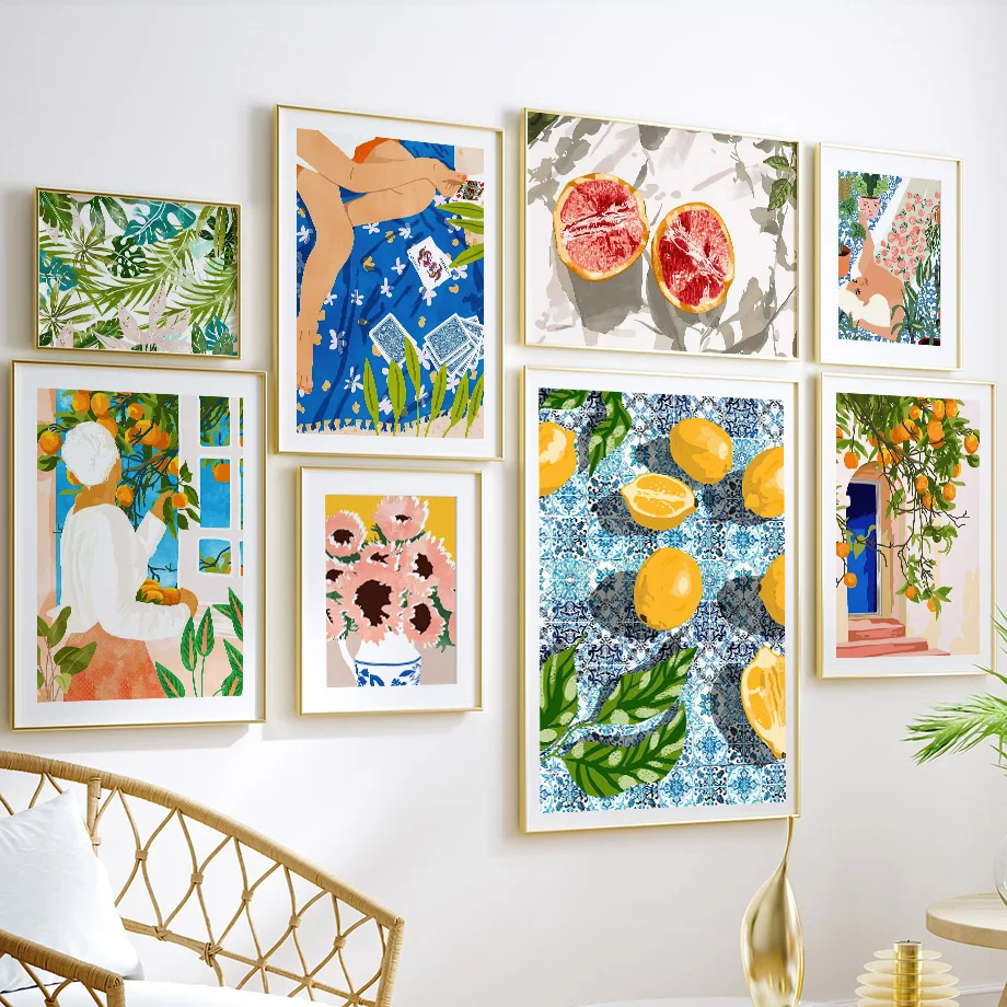 Garden Lemon Fruit Flower Plants Abstract Illustration Poster And Prints Wall Art Canvas Painting Pictures For Living Room De