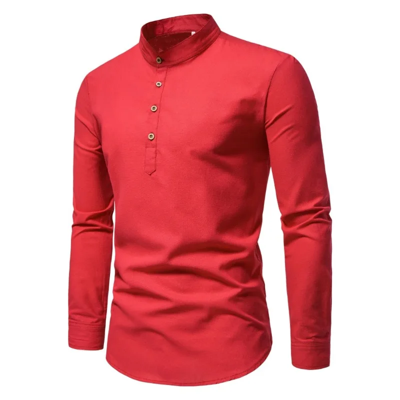 Camisas masculinas de cor sólida de algodão puro primavera e outono, camisas elegantes de manga comprida com gola alta, camisas masculinas justas
