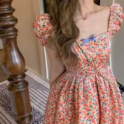 Women's Summer Square Collar Pullover Butterfly Flower Print Puff Short Sleeve Shirring Casual Fashion Elegant Vintage Dress