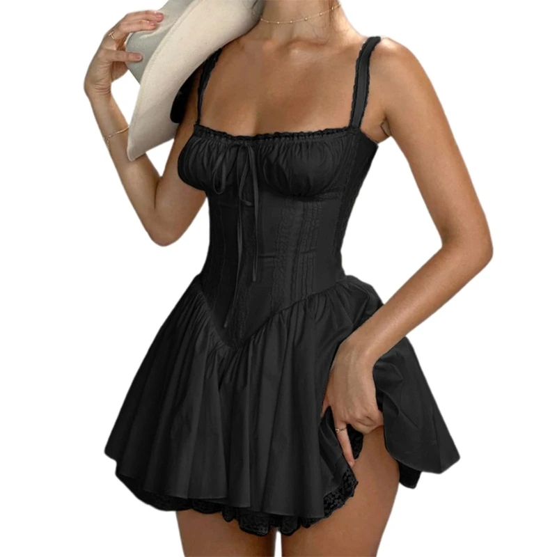 Sweet French Ruffle Mini Dress Women Summer Solid Color Spaghetti Strao Dress