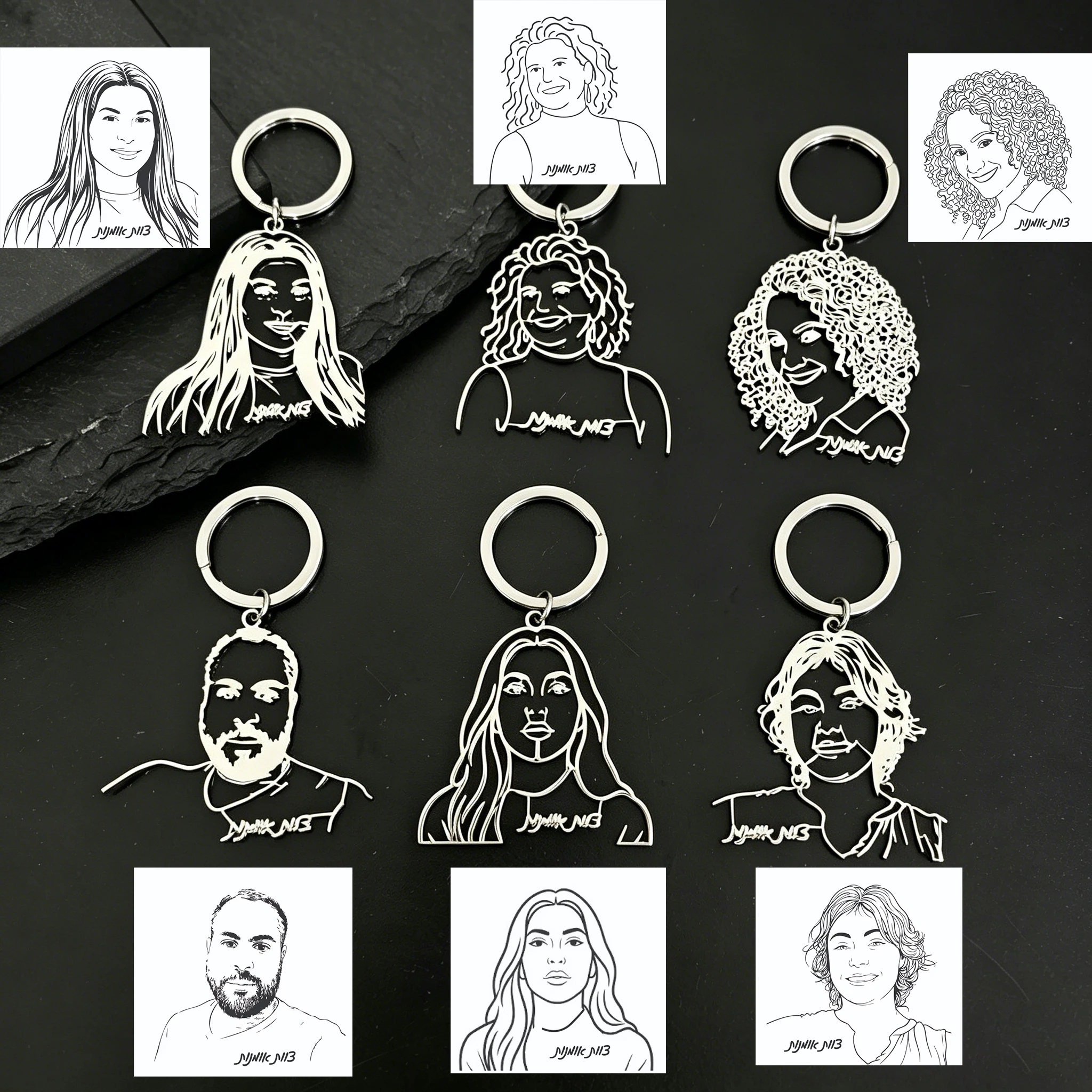 

Custom Stainless Steel Keychain Laser Engraved Photo Line Art Portrait Keyring Personalized Name Gift for Boyfriend Girlfriend