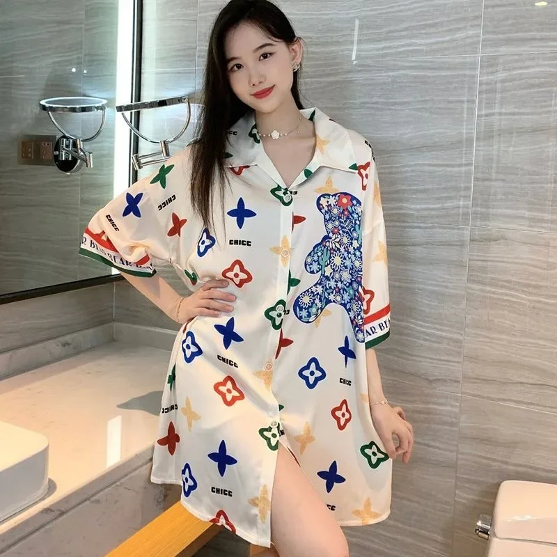 

Extra-large Mid-length Nightdress Women Summer Loungewear French Thin Shirt Half Sleeve Pajamas 2024 New Female V-neck Homewear